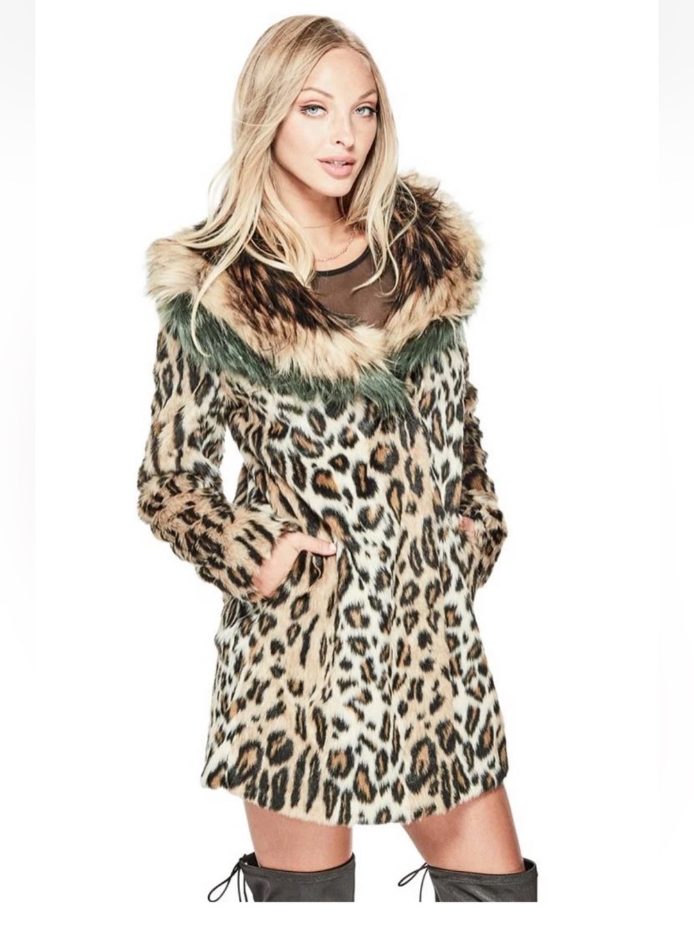 Guess Natalia Faux Fur Leopard Print Coat With Green Trim